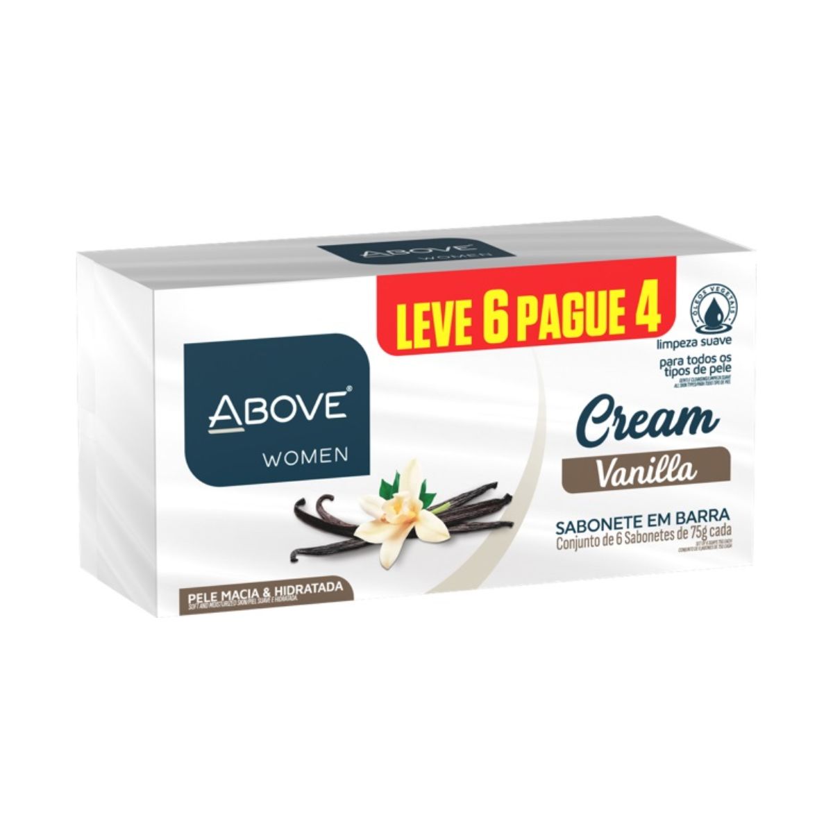 PACK SABONETE EM BARRA ÓLEOS VEGETAIS VANILLA ABOVE WOMEN CREAM CARTUCHO 75G CADA LEVE 6 PAGUE 4 UNI