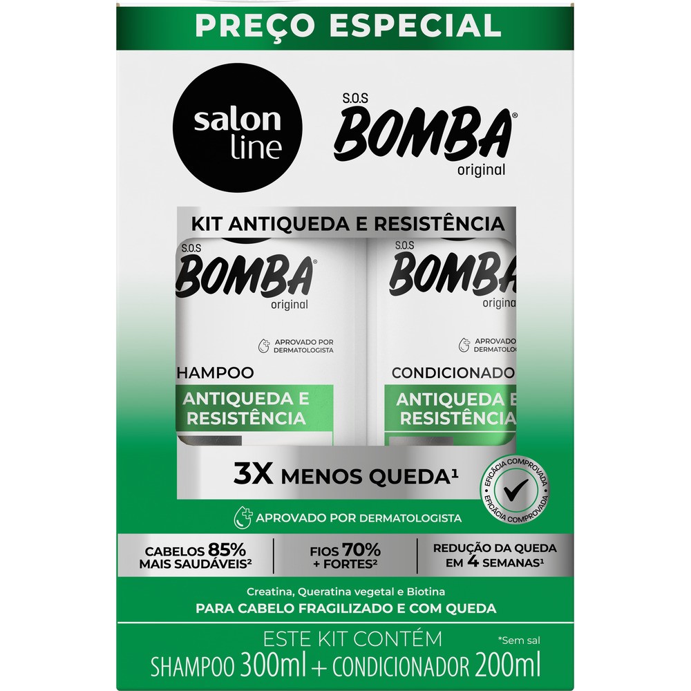 BOMBA KIT SHAMPOO 300ML + CONDICIONADOR 200ML ANTIQUEDA E RESISTENCIA