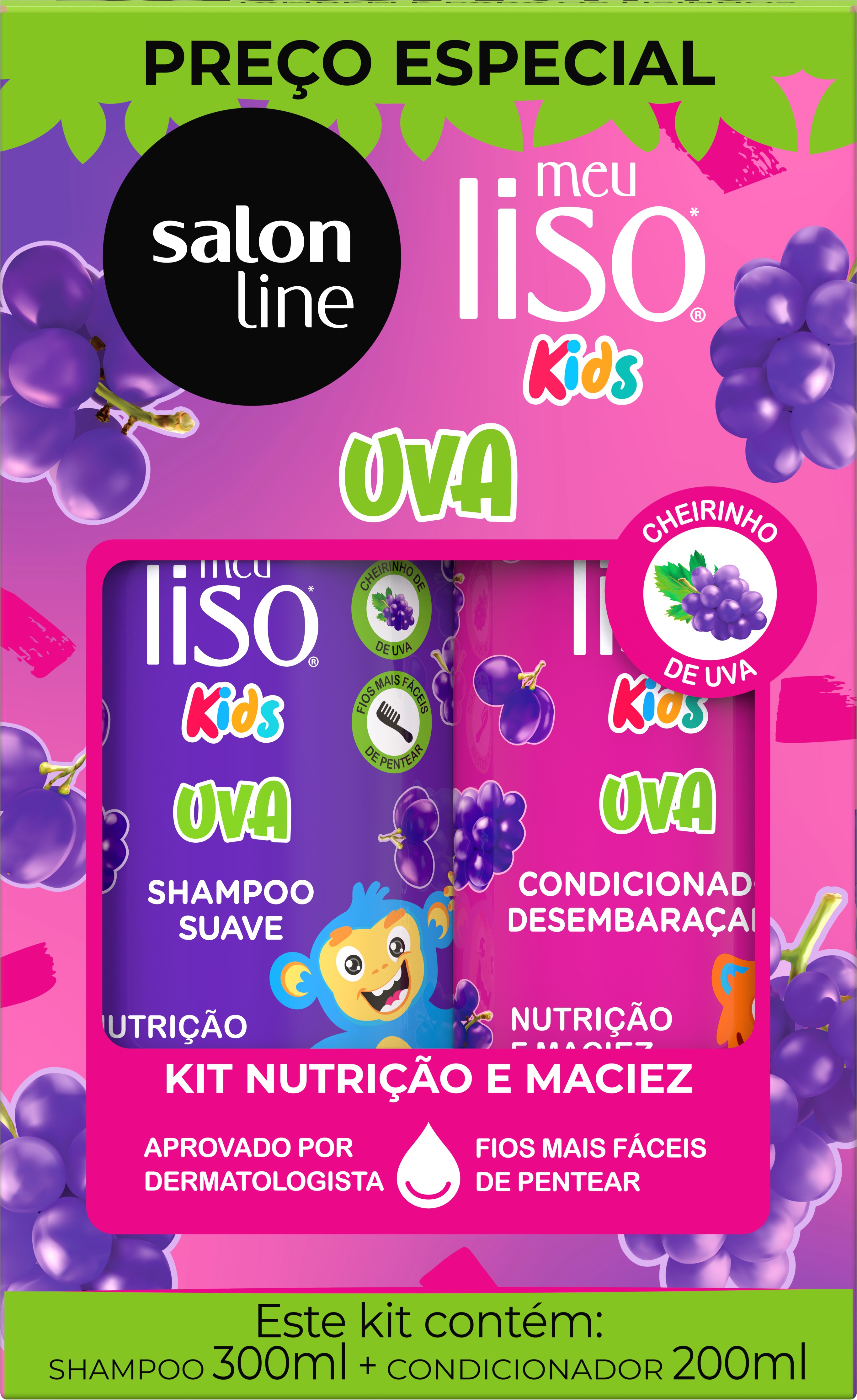 MEU LISO SHAMPOO 300ML + CONDICIONADOR 200ML UVA KIDS