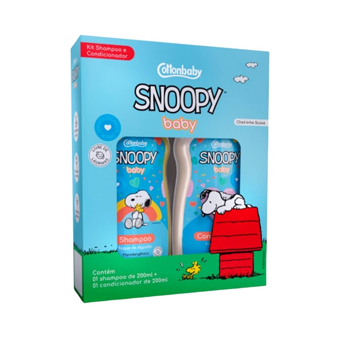 KIT SHAMPOO E CONDICIONADOR COTTONBABY SNOOPY BABY TOQUE DE ALGODÃO 6X2X200ML