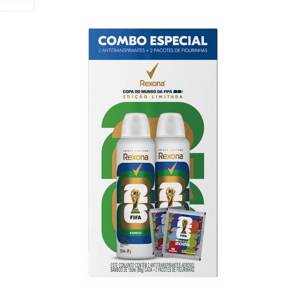 PACK ANTITRANSPIRANTE AEROSSOL BAMBOO REXONA 2 UNIDADES 150ML CADA SPRAY EDIÇÃO LIMITADA FIFA 26