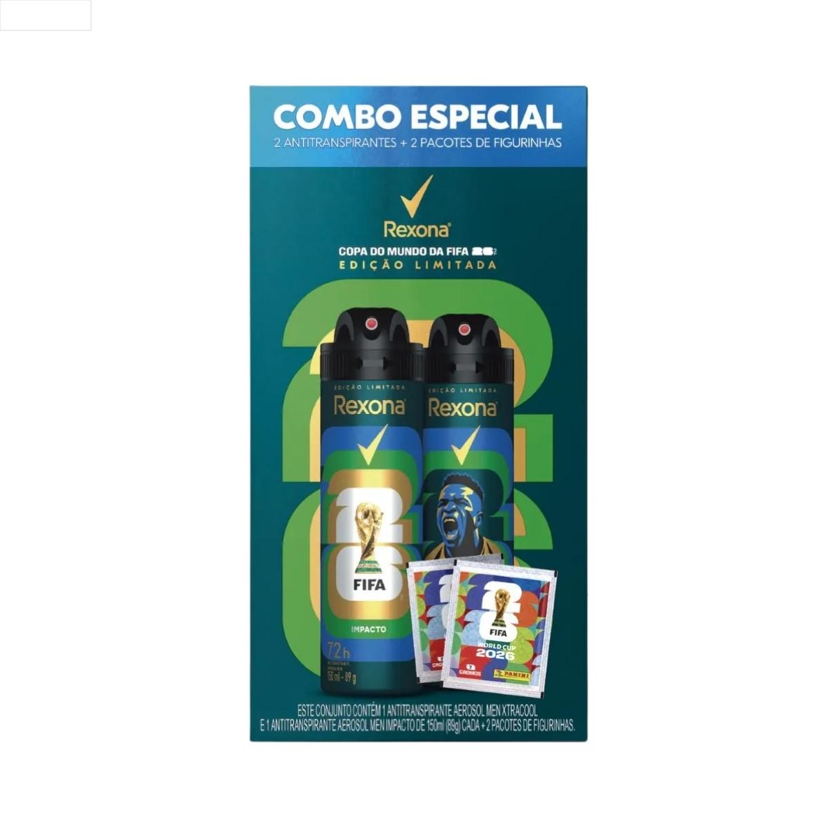 KIT ANTITRANSPIRANTE AEROSSOL XTRACOOL + IMPACTO REXONA MEN 150ML CADA SPRAY EDIÇÃO LIMITADA FIFA 26