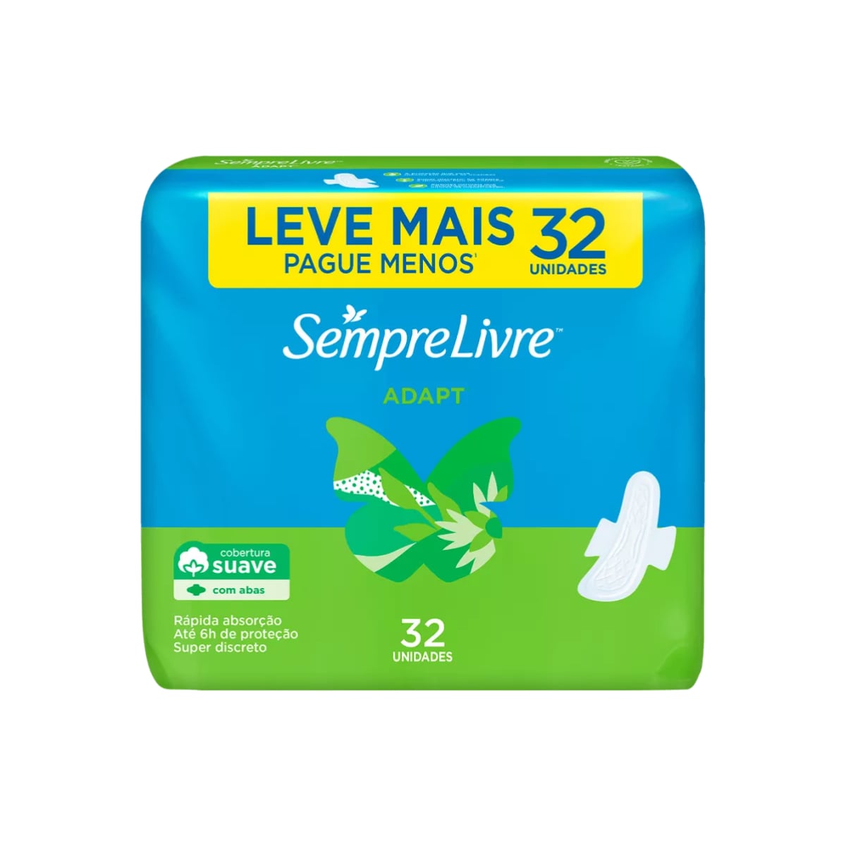 ABSORVENTE COM ABAS SUAVE SEMPRE LIVRE ADAPT PACOTE 32 UNIDADES LEVE MAIS PAGUE MENOS